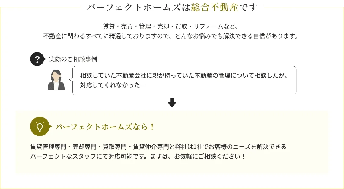 パーフェクトホームズは総合不動産です 賃貸・売買・管理・売却・買取・リフォームなど、不動産に関わるすべてに精通しておりますので、どんなお悩みでも解決できる自信があります。